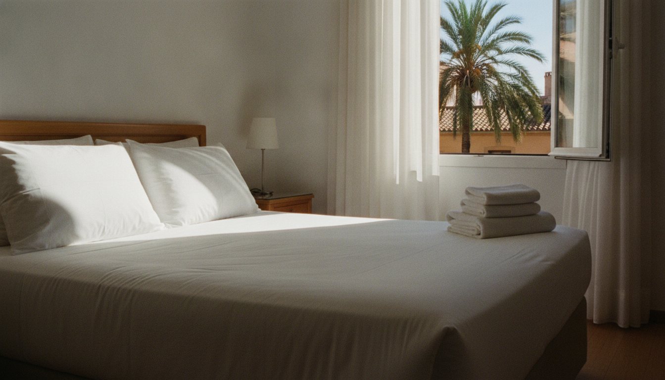 The bed made and the towels ready